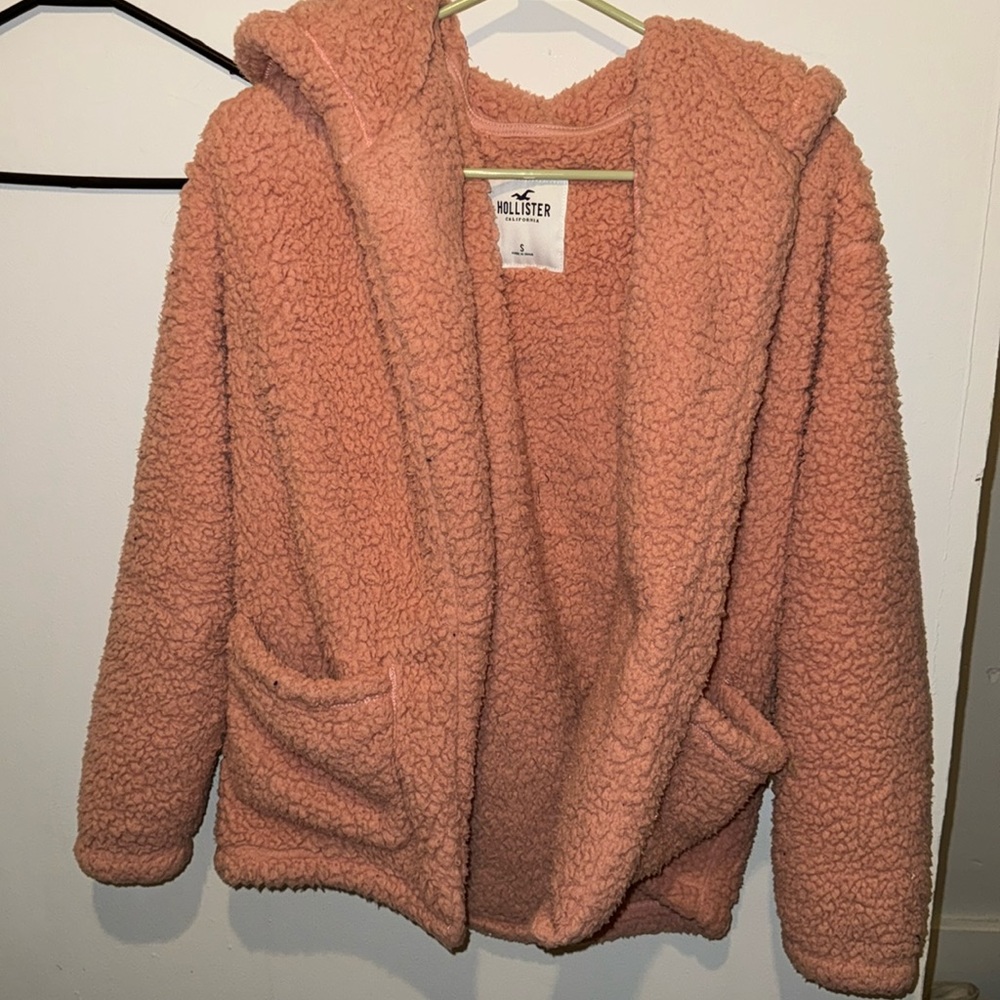 Adorable hollister pink fluffy jacket size small
